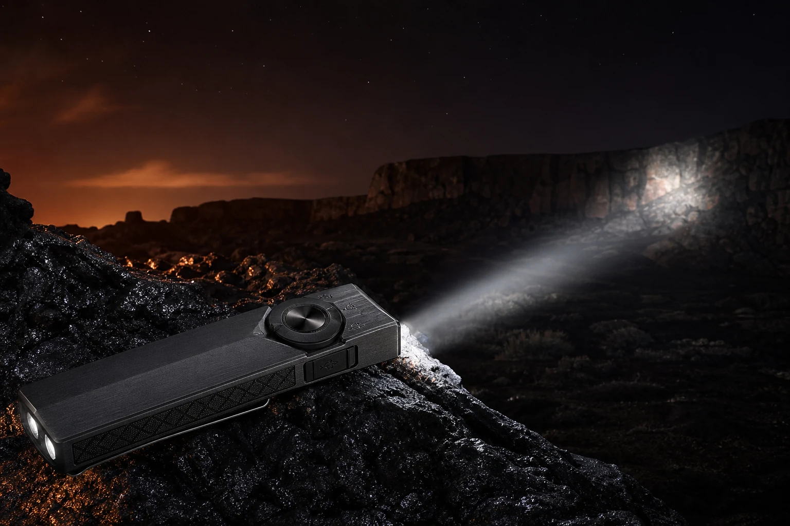 ArkPro Ultra projecting a focused spotlight across volcanic terrain