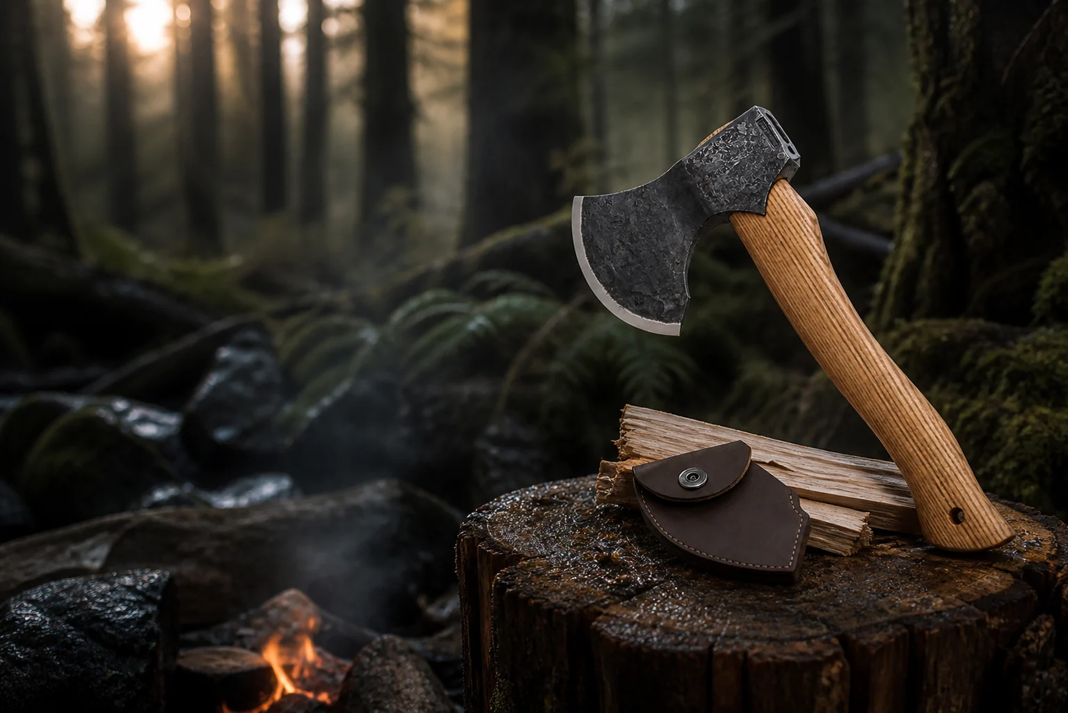 AX3 bushcraft hatchet at a damp forest camp beside kindling and its leather sheath